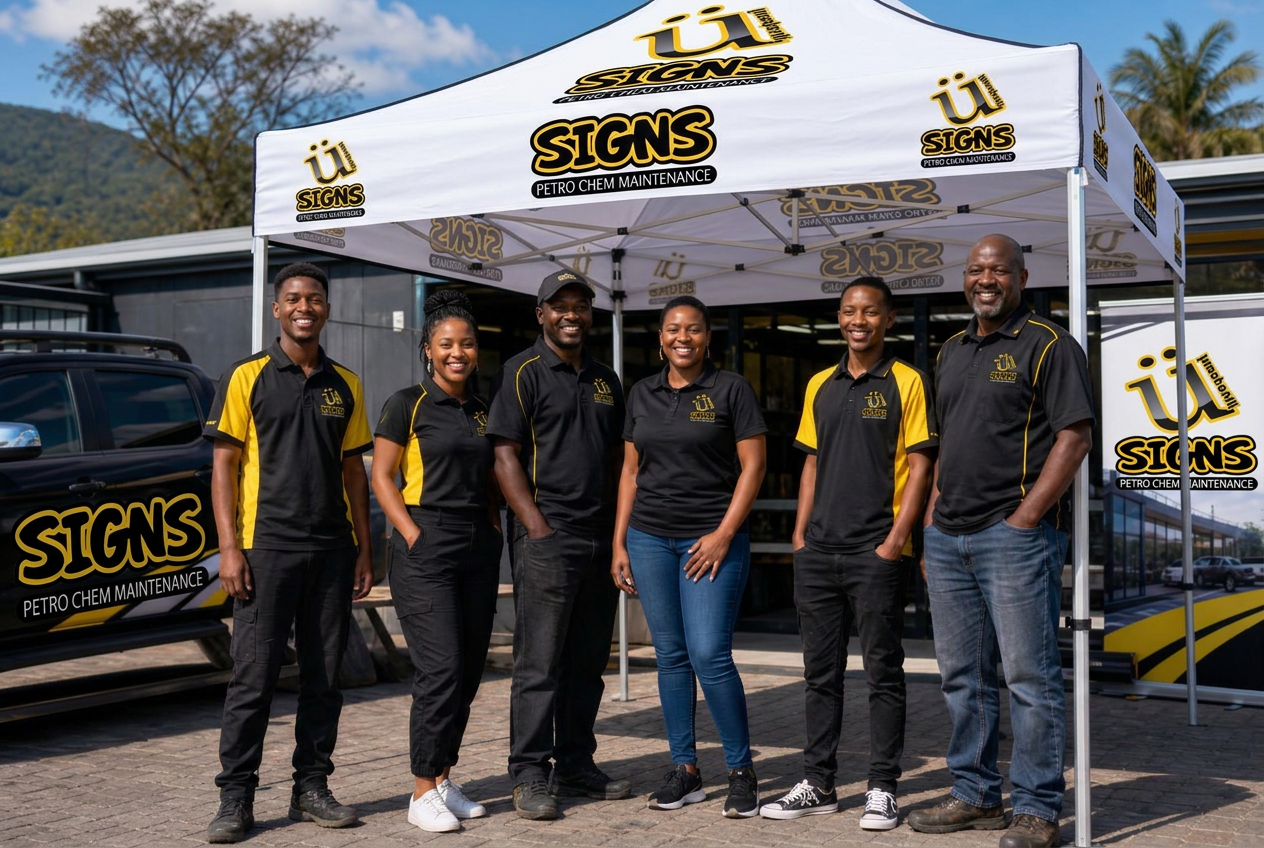 USigns team standing beneath a USigns-branded gazebo in Nelspruit